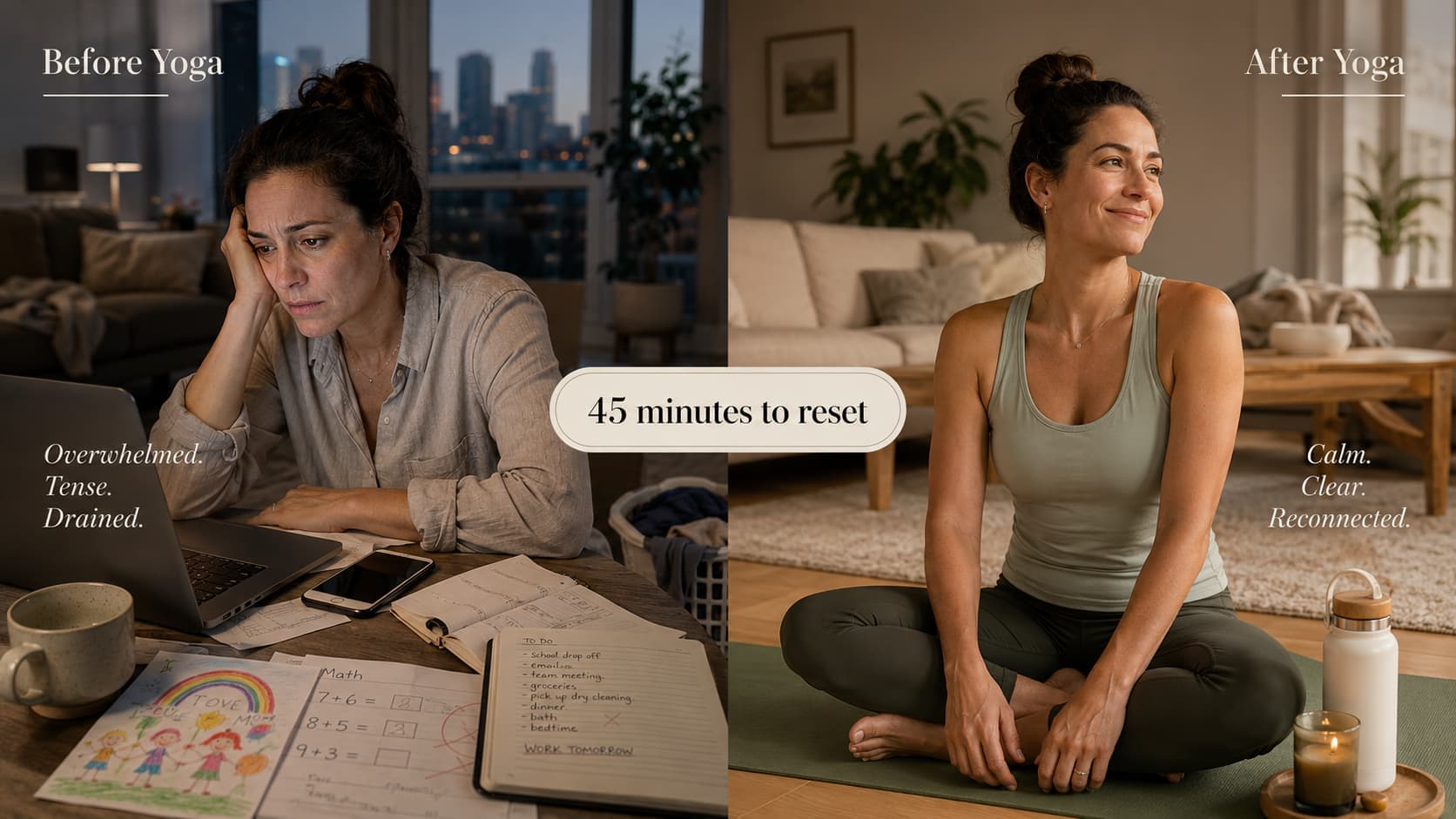Before and after yoga - from exhausted to refreshed