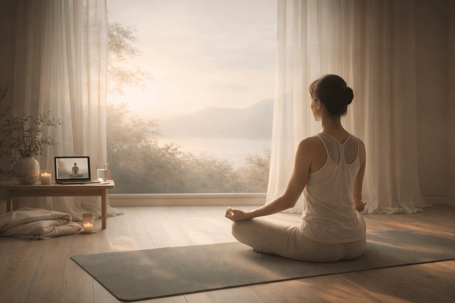 Busy adult unwinding in a live online yoga session at home
