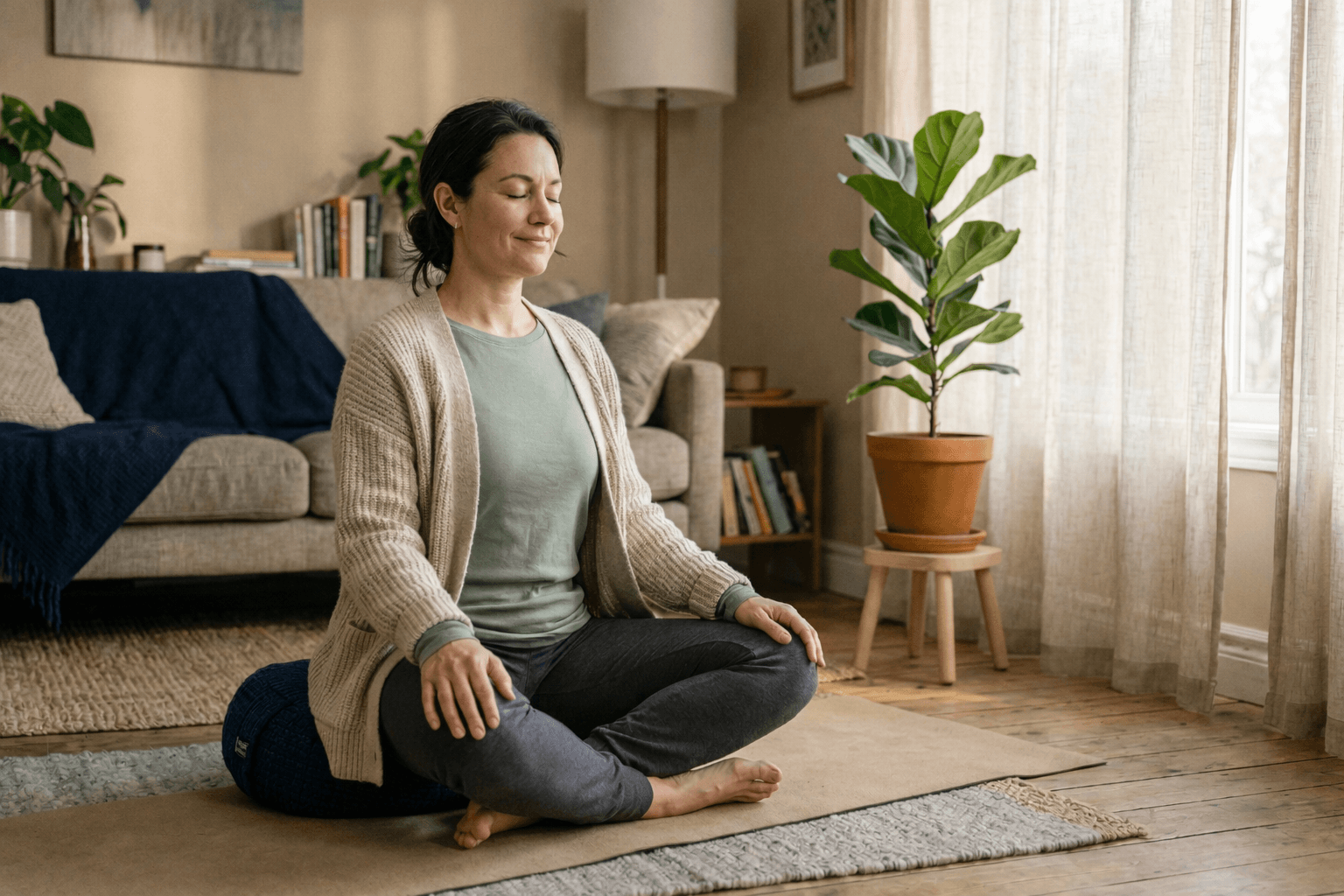 Yoga student practicing at home